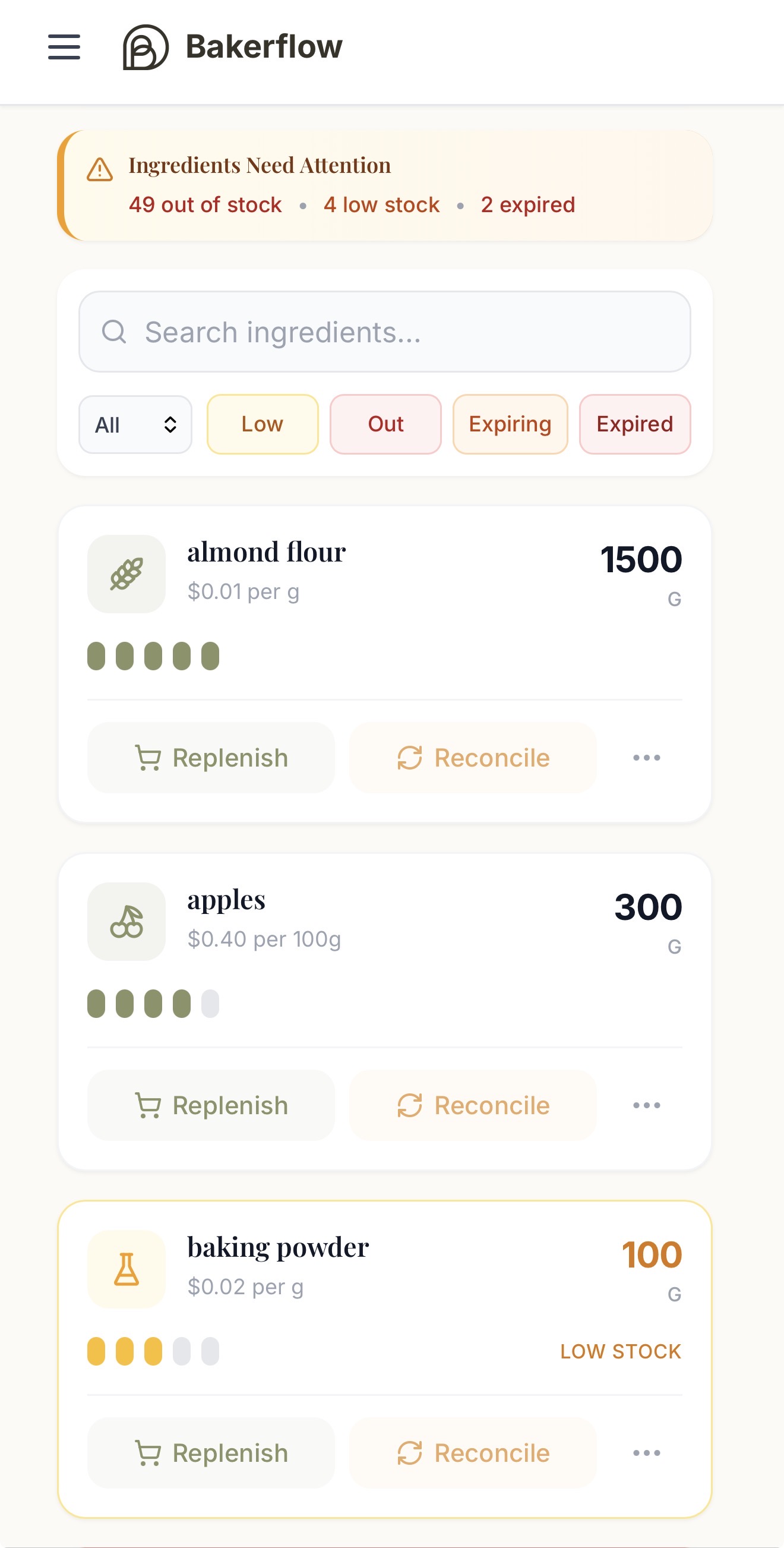 Bakerflow raw ingredients inventory