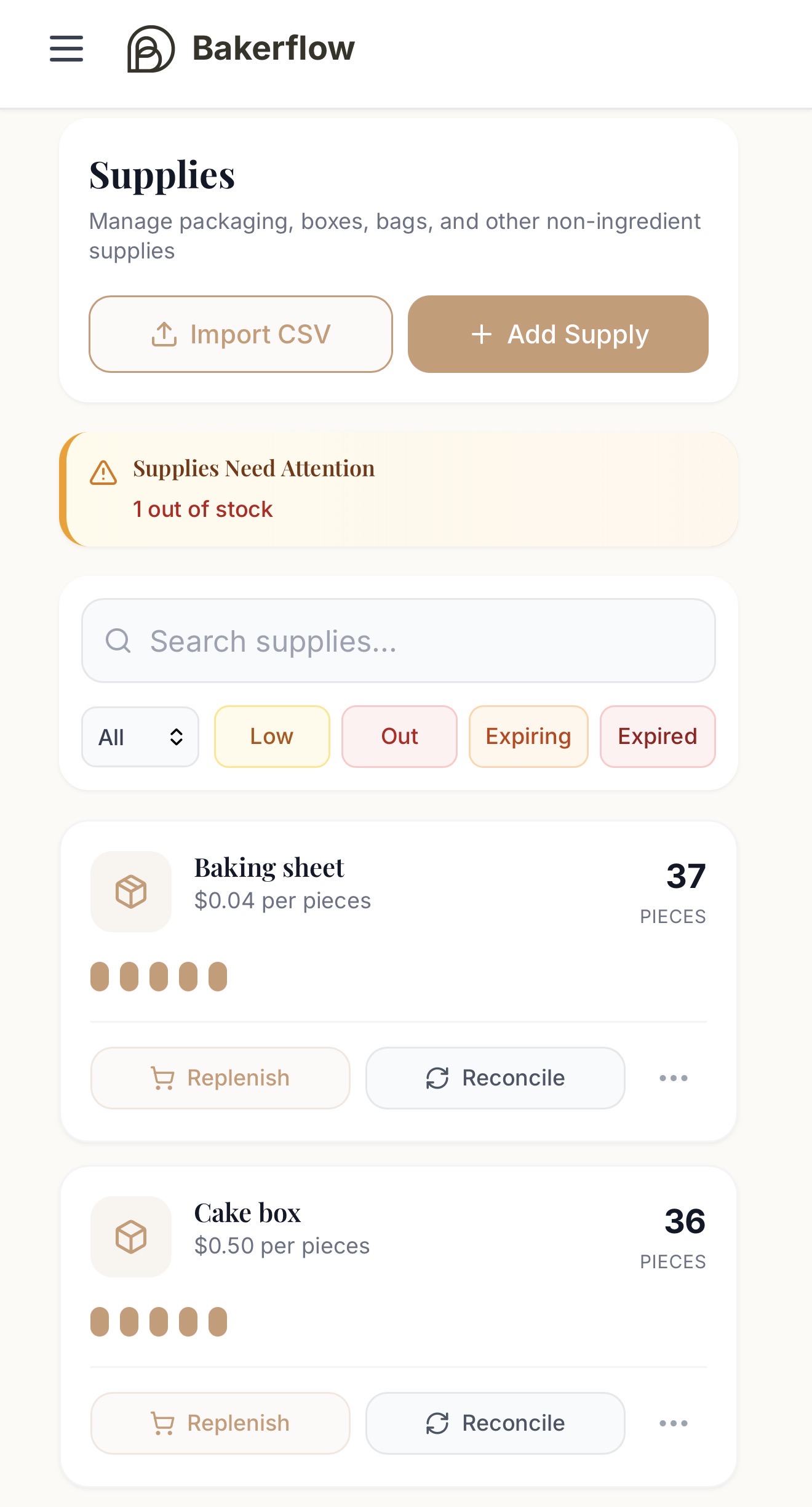 Bakerflow supplies inventory
