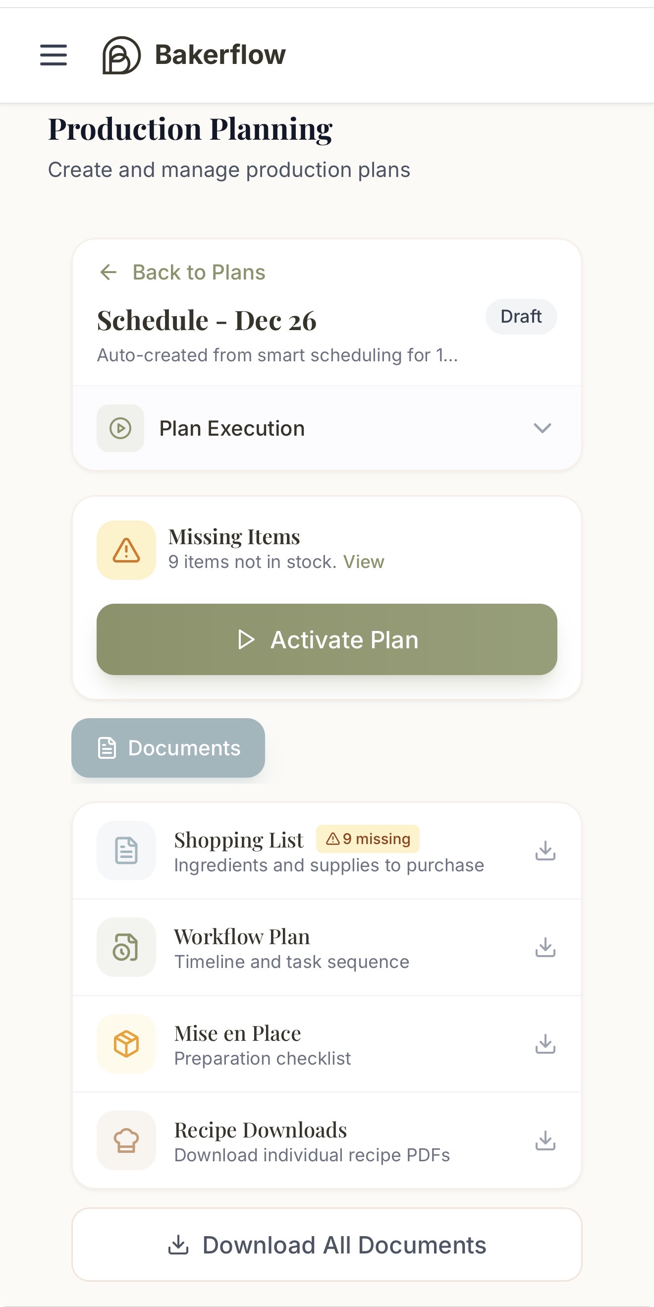 Bakerflow production plan details