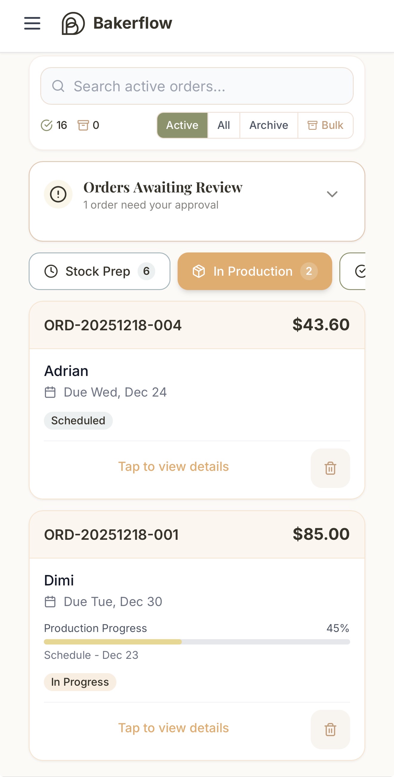 Bakerflow order management interface