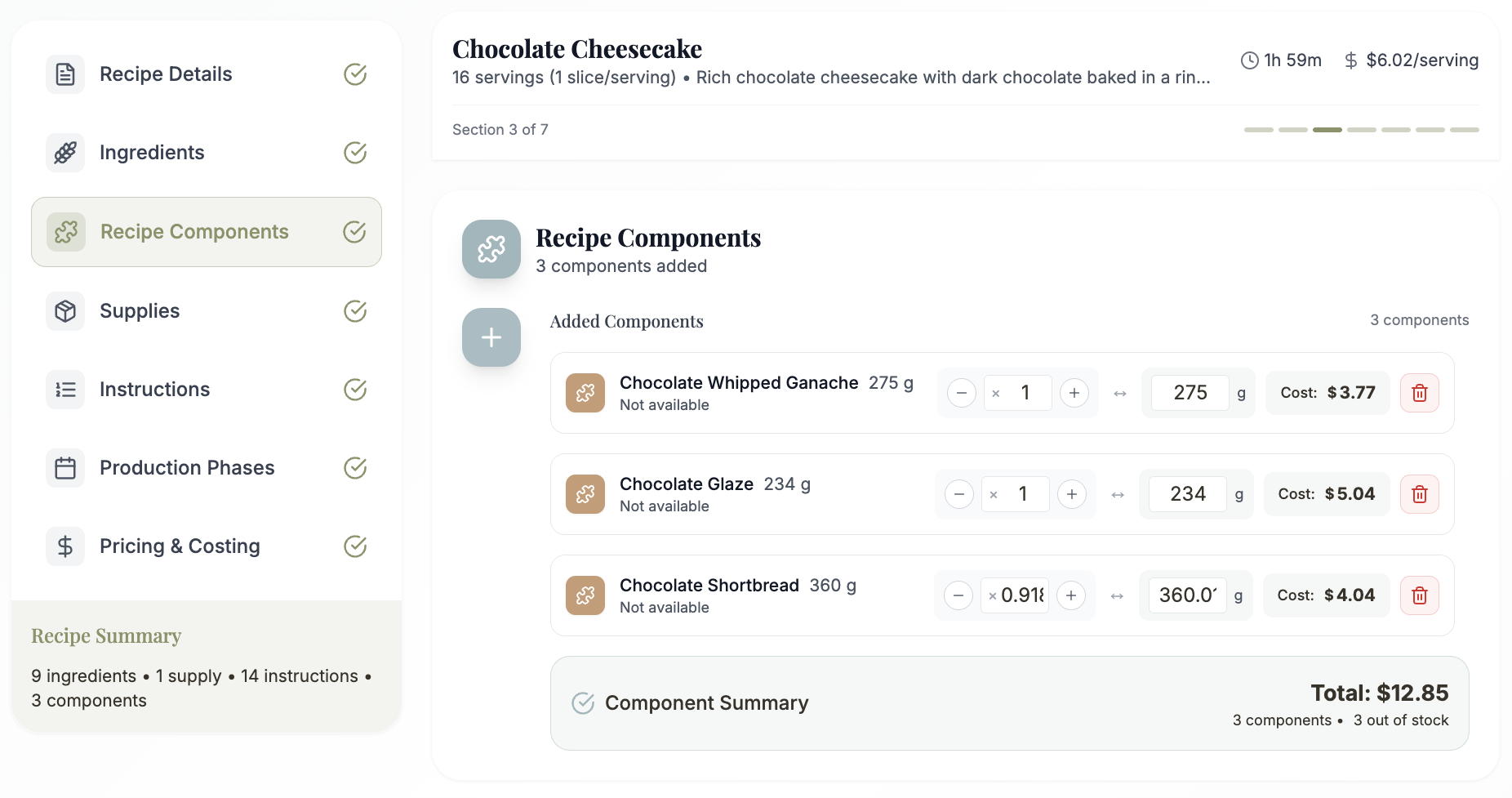 Bakerflow recipe component view